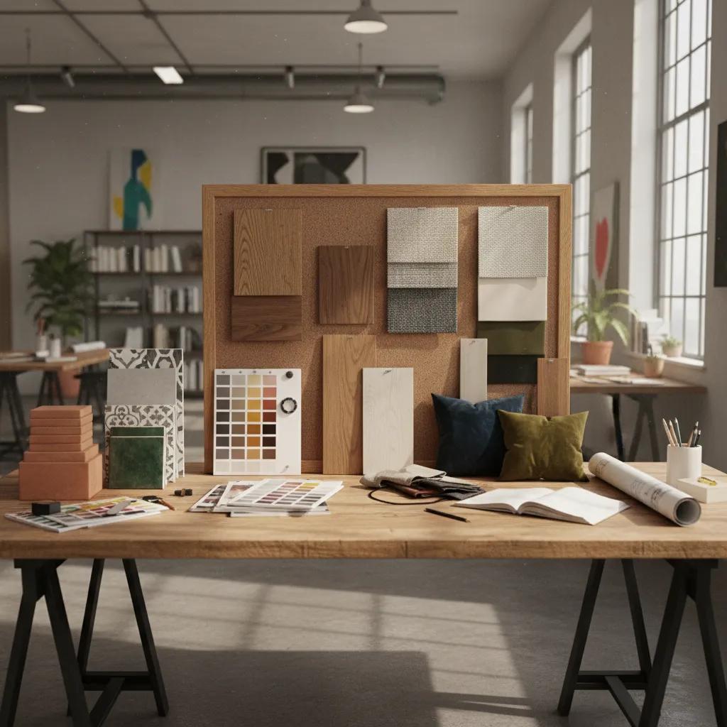 Muestras de materiales de interiorismo sobre una mesa de proyecto
