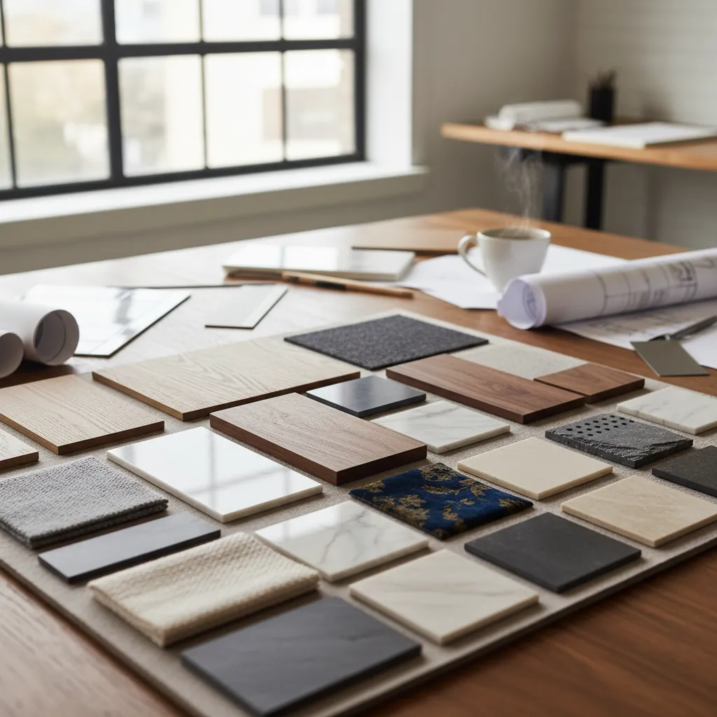 mesa con muestras de materiales de interiorismo madera tela y piedra