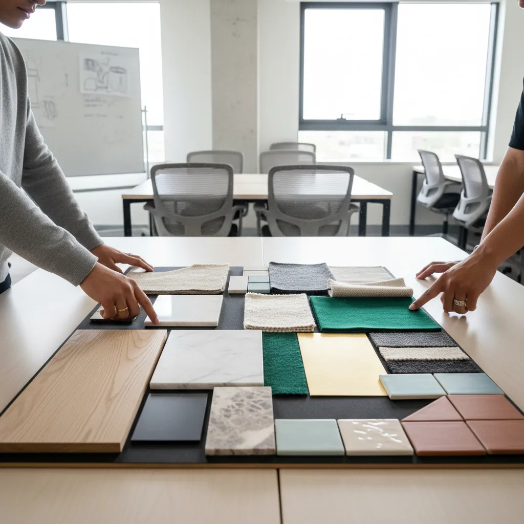 Two people pointing at material board with wood marble fabric and tile samples on table