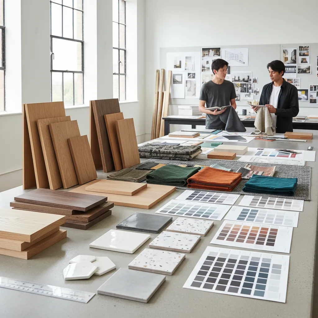 Mesa con muestras de materiales usados por estudiantes de diseño de interiores