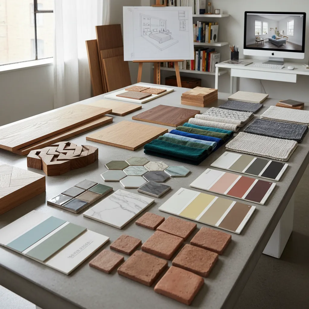 Mesa con muestras de materiales como madera, textiles y cerámica para diseño interior