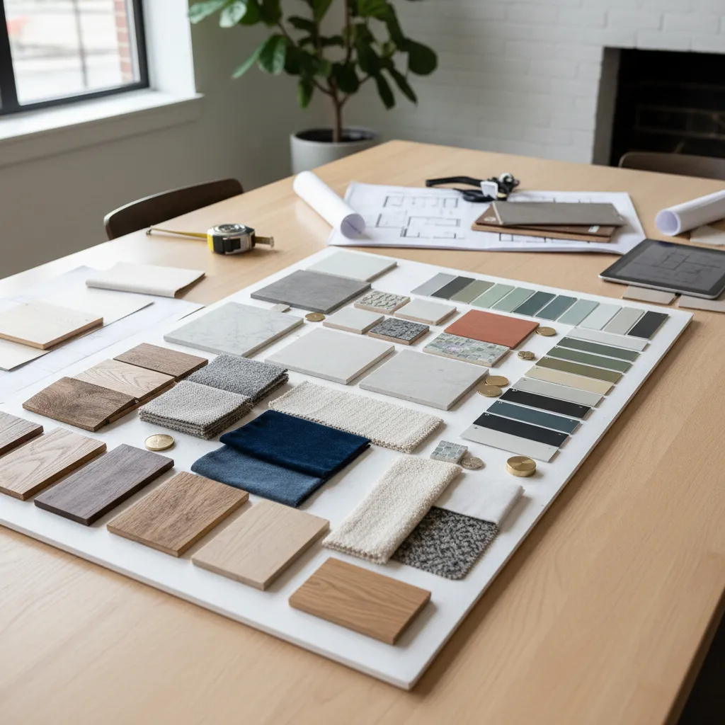 Mesa de trabajo con muestras de materiales para diseño de interiores