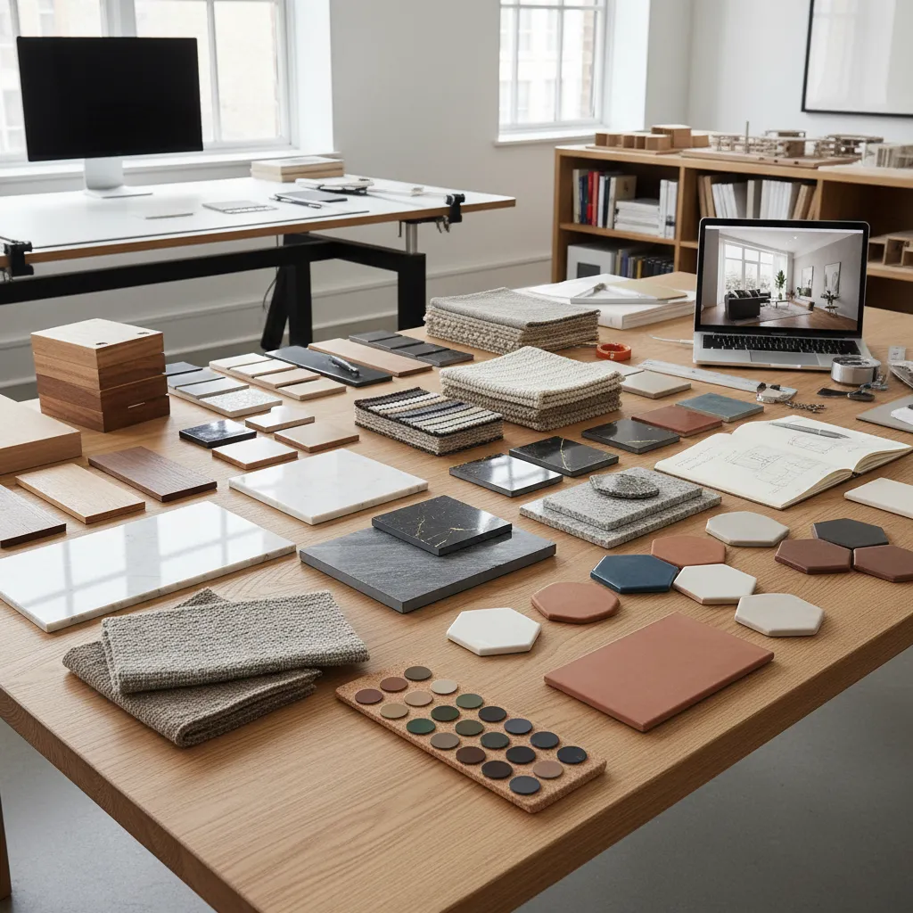 Mesa con muestras de materiales como madera, tela y piedra para diseño de interiores