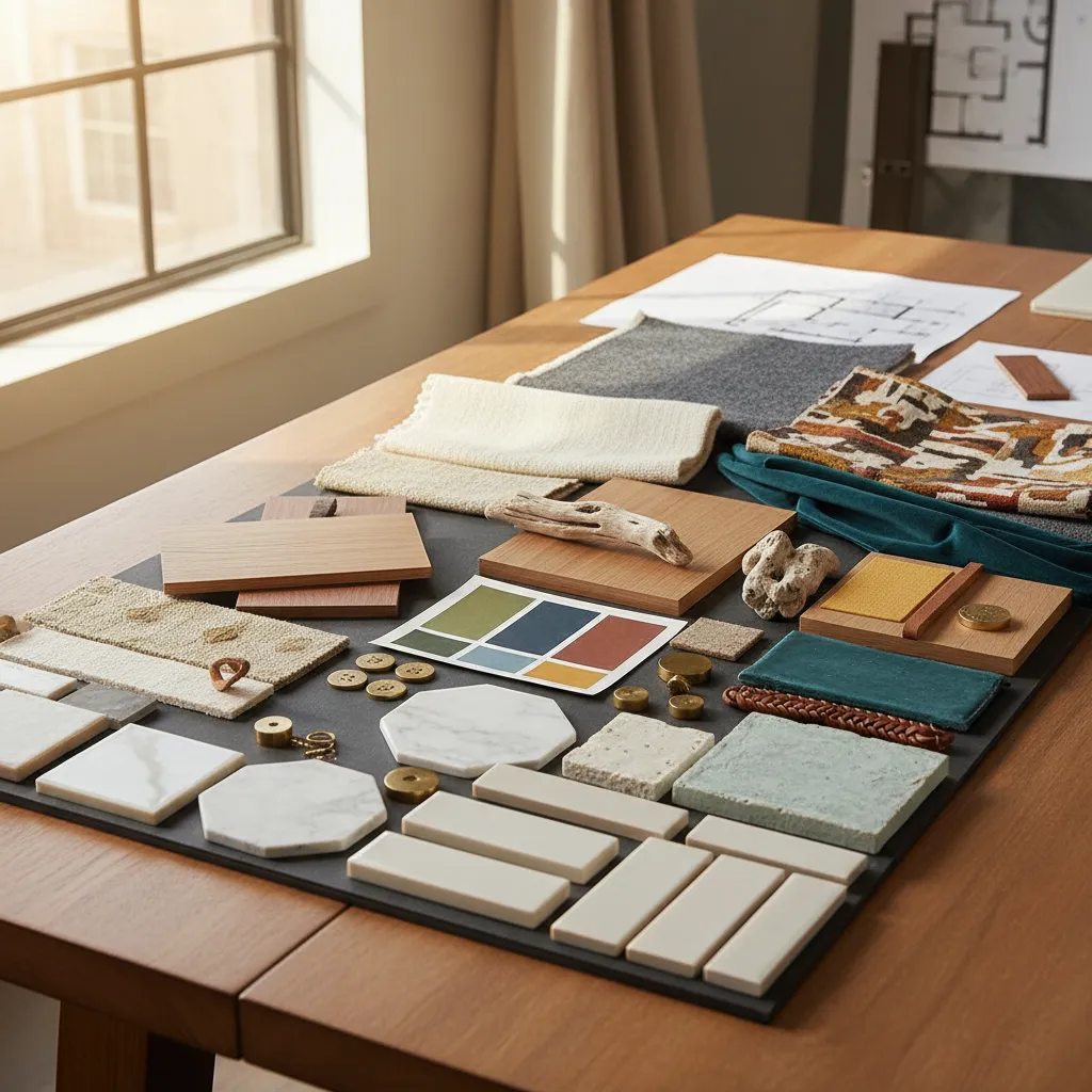 Muestras de madera, textiles y colores usadas en diseño de interiores
