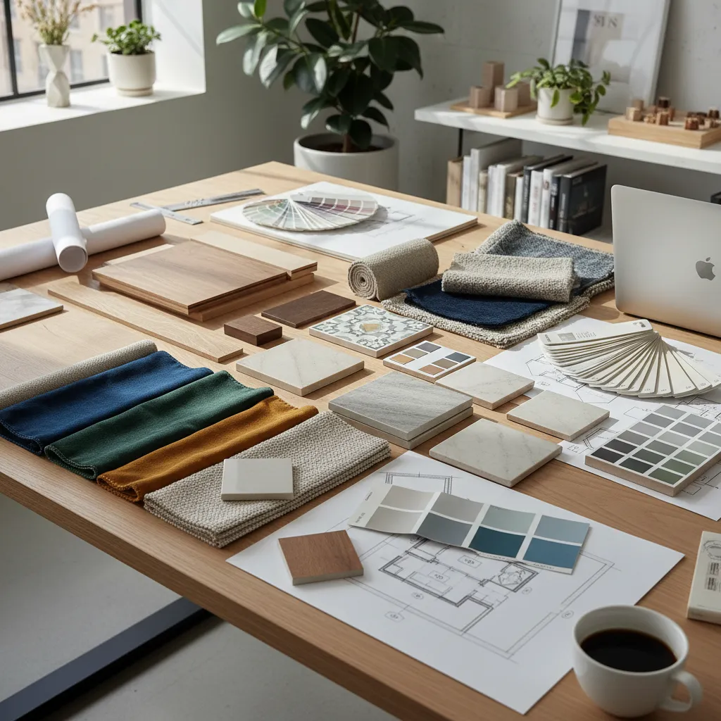 Mesa con muestras de materiales para diseño de interiores