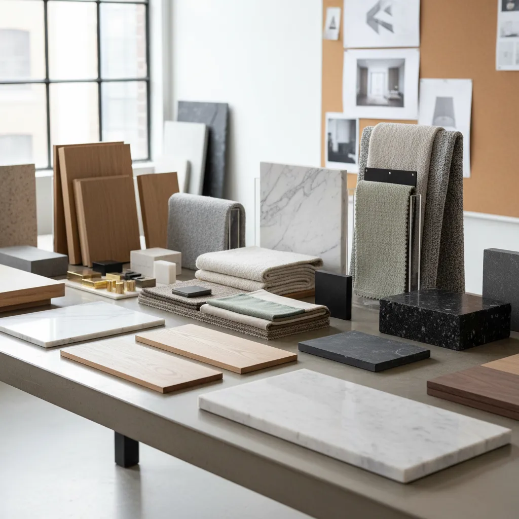 Muestras de materiales de diseño interior en una mesa de trabajo