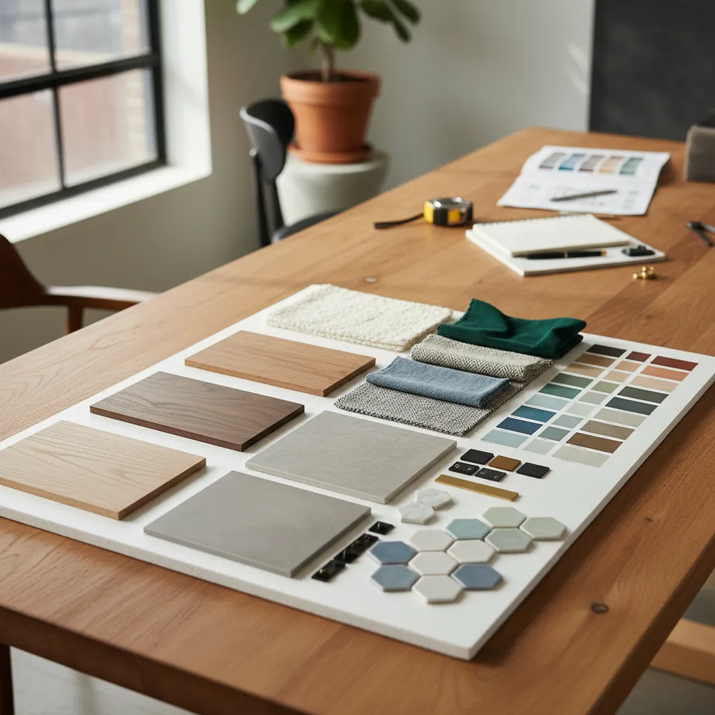Mesa con muestras de materiales de interiorismo como madera, telas y cerámica