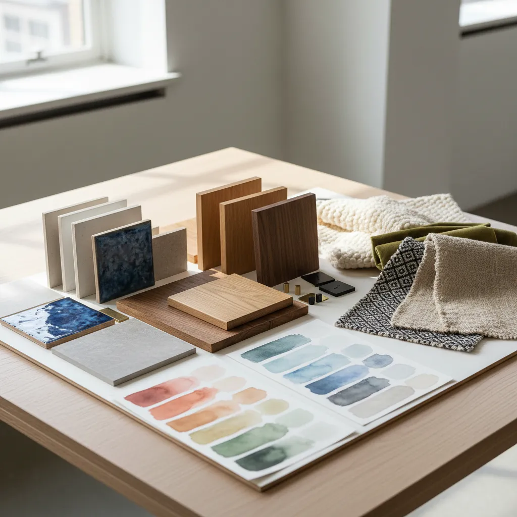 Mesa con muestras de madera, tela y cerámica para interiorismo
