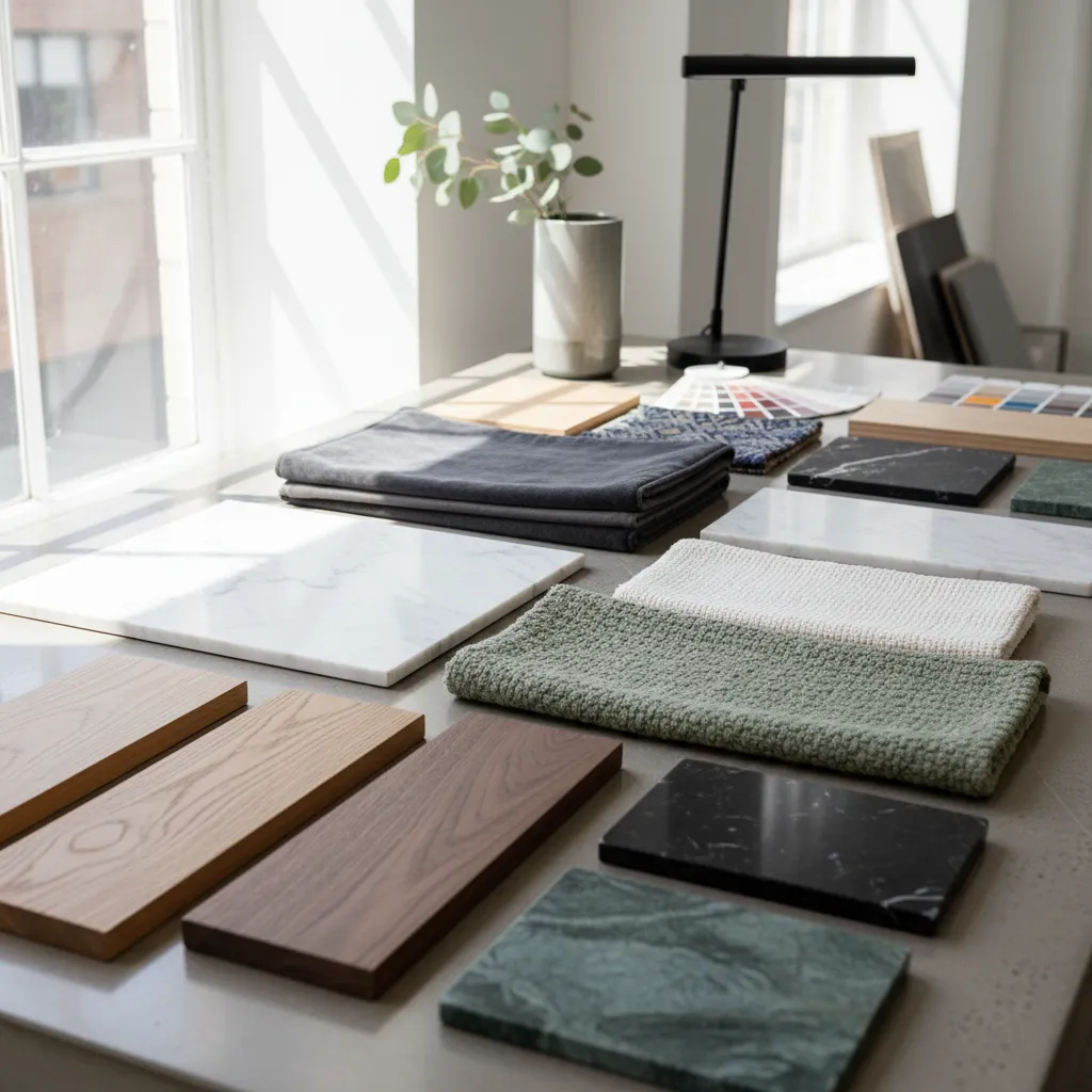 Mesa con muestras de materiales para diseño de interiores