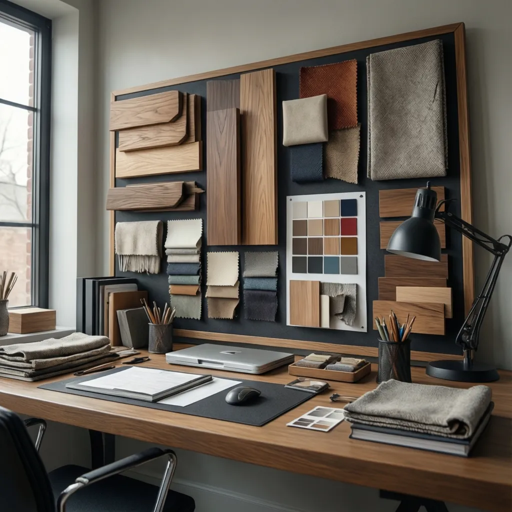 Wooden desk with laptop lamp and wall board showing many wood and fabric interior samples