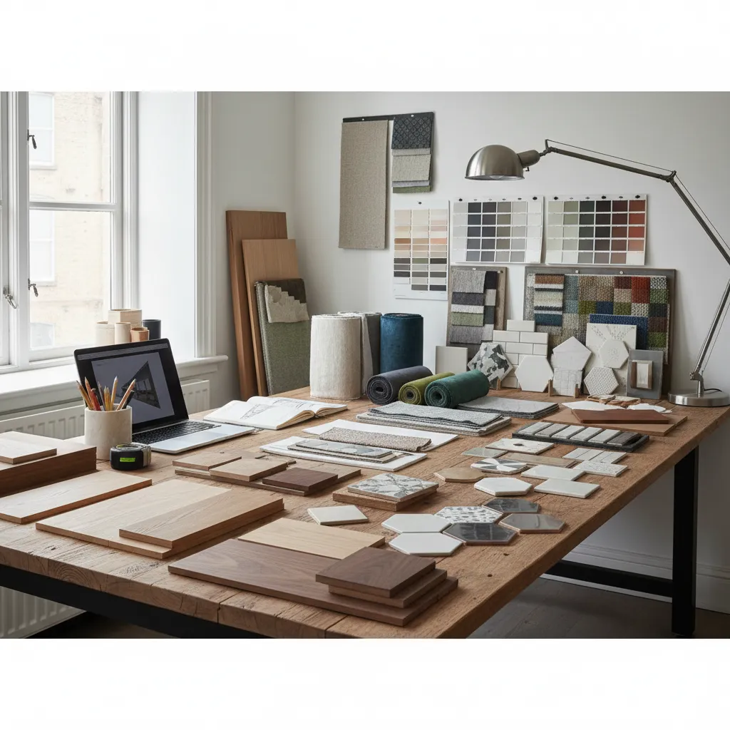 Mesa de trabajo con muestras de materiales usados en interiorismo