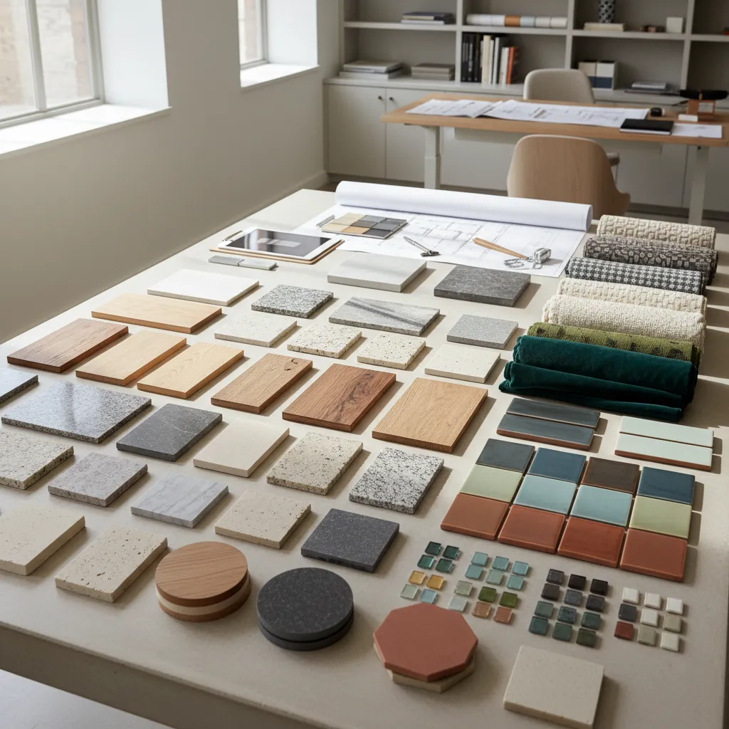Mesa con muestras de materiales de diseño interior como madera, textiles y piedra