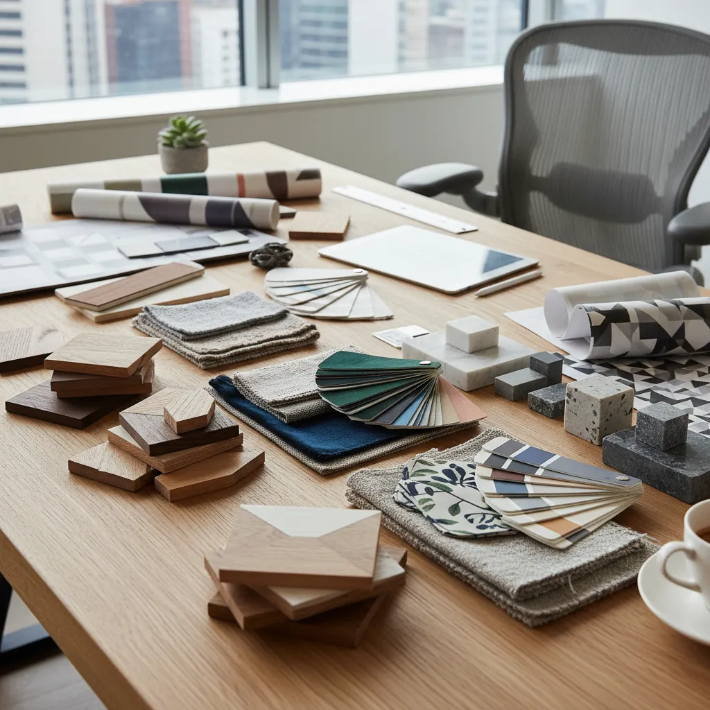 Mesa con muestras de materiales usados en proyectos de diseño de interiores