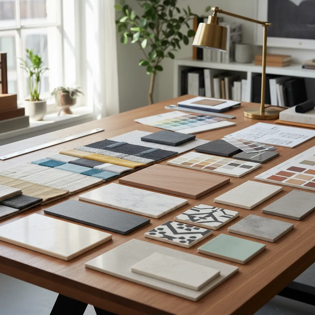 Various interior design material samples including tiles and wood pieces displayed on a wooden table