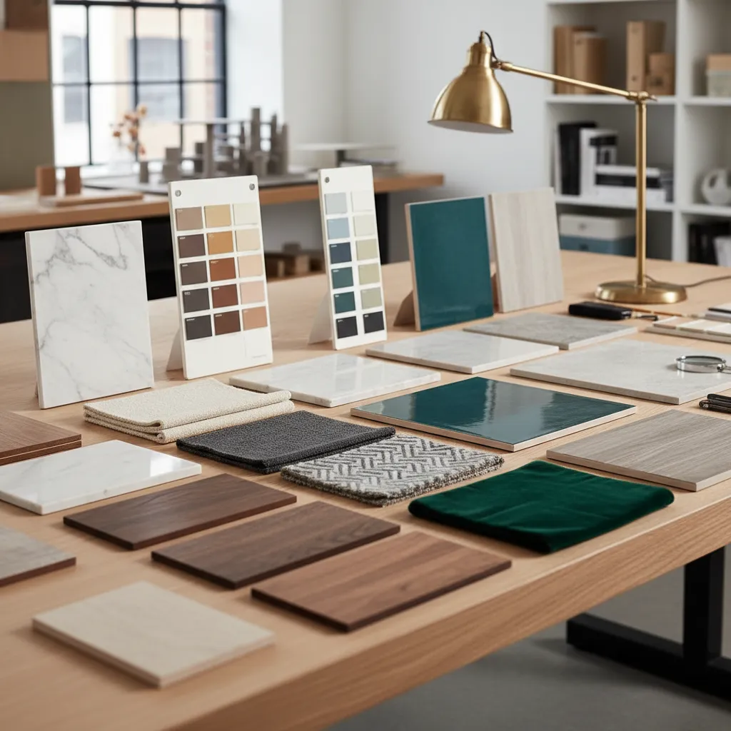Mesa con muestras de materiales para diseño de interiores