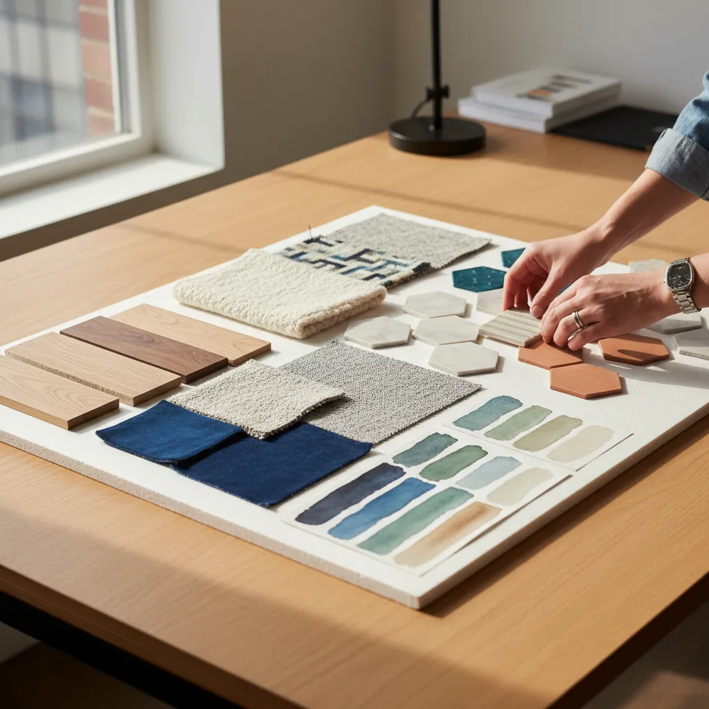 Designer hands arranging fabric swatches wood samples and stone tiles on a white material board