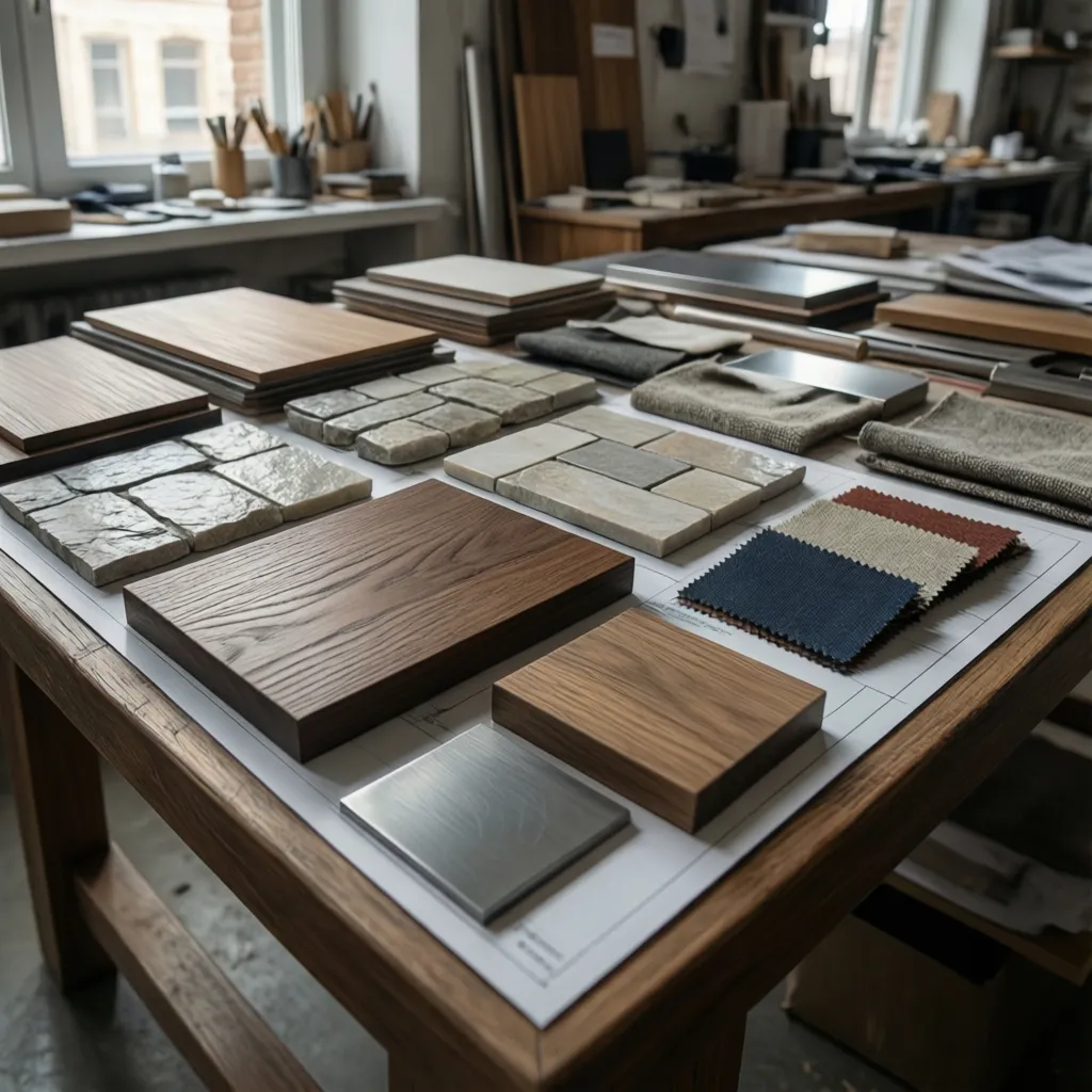 Muestras de materiales de interiorismo como madera, piedra y textiles