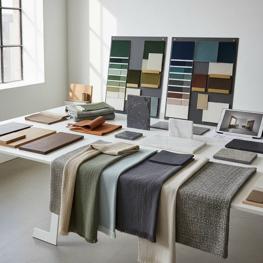 Mesa con muestras de materiales usados en diseño de interiores