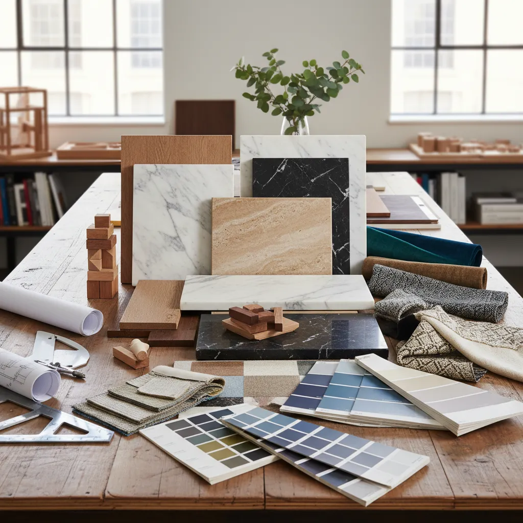 Mesa con muestras de materiales para diseño de interiores