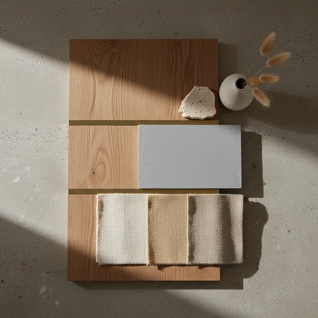 Interior design material board with wood panel, grey stone, fabric samples, and a small vase