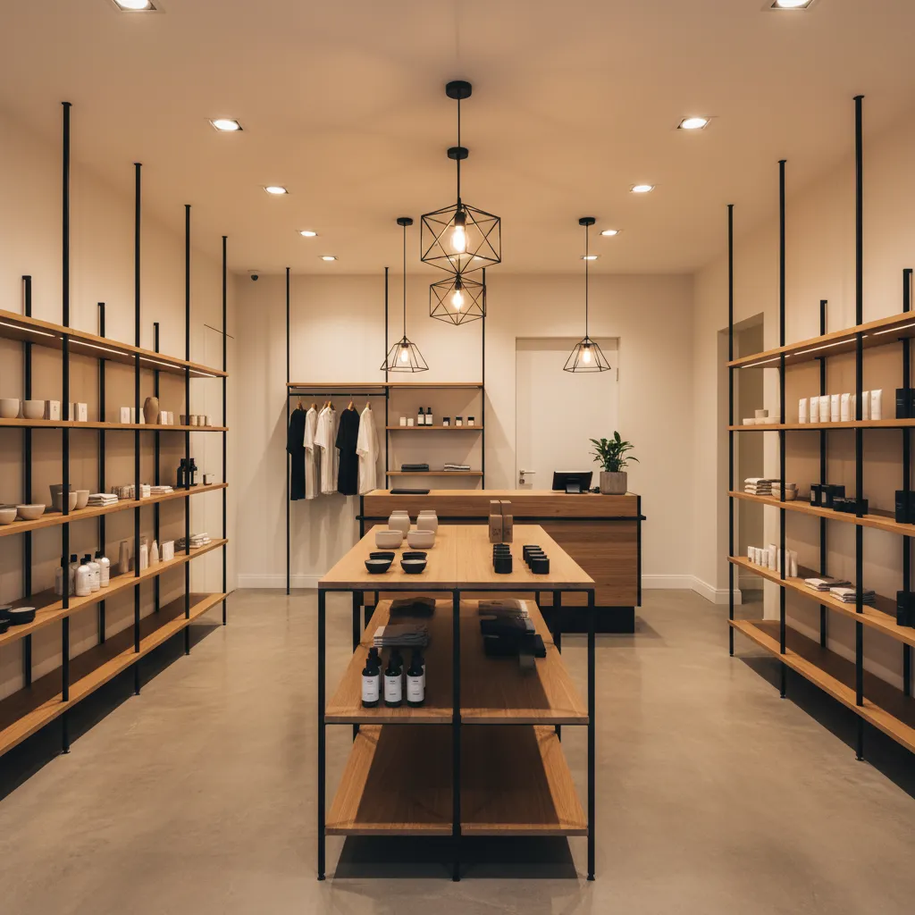 Interior de tienda con combinación de madera clara y metal negro