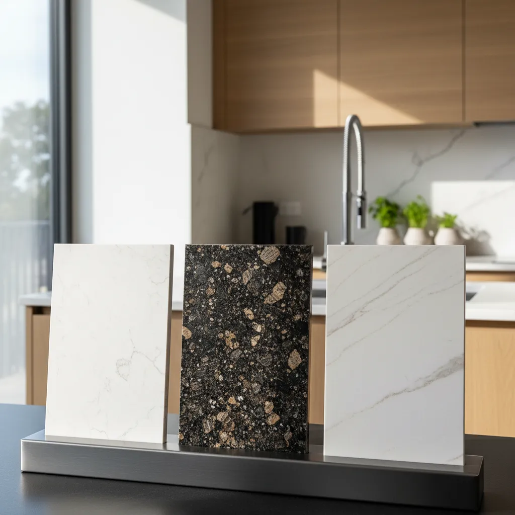 Comparación de materiales de encimeras de cocina como cuarzo y granito