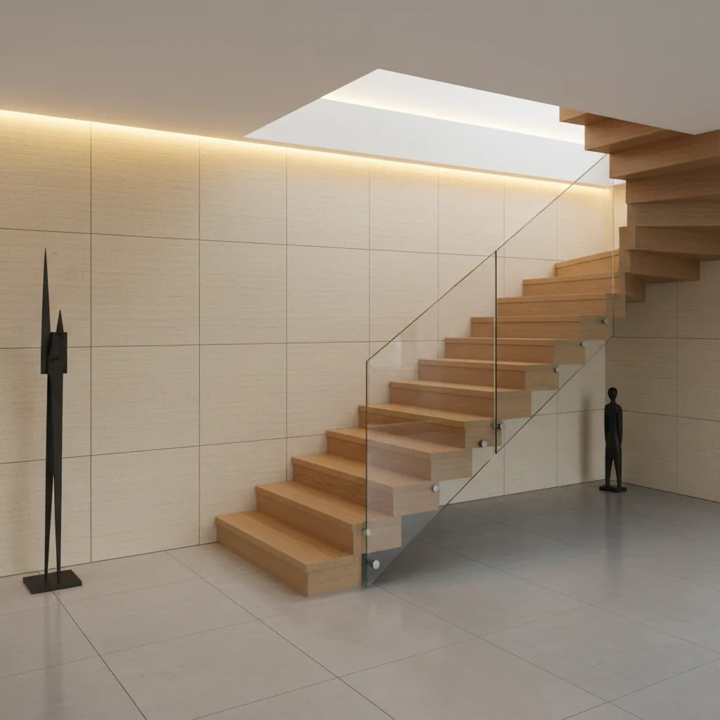 Escalera moderna con madera y pared texturizada