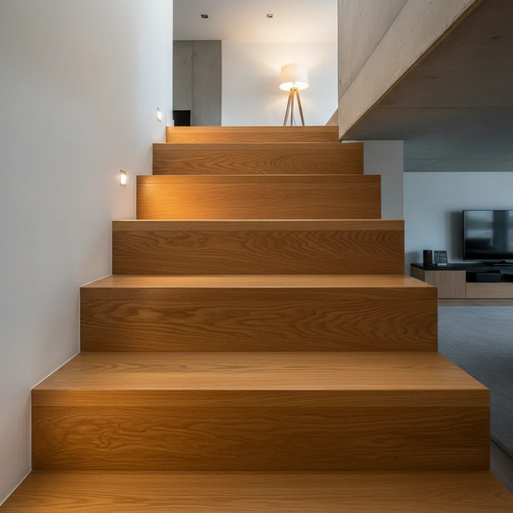 Detalle de peldaños de madera maciza en una escalera interior