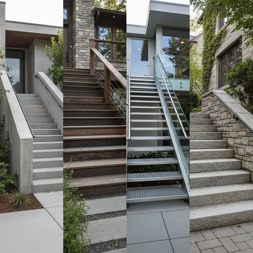 Collage showing four outdoor staircase types made from concrete wood metal and stone for modern homes