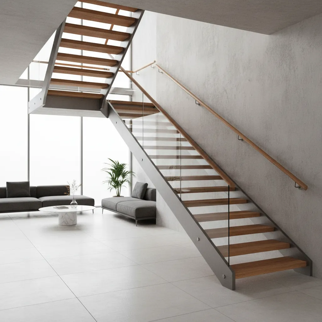 Escalera interior con combinación de madera, acero y vidrio