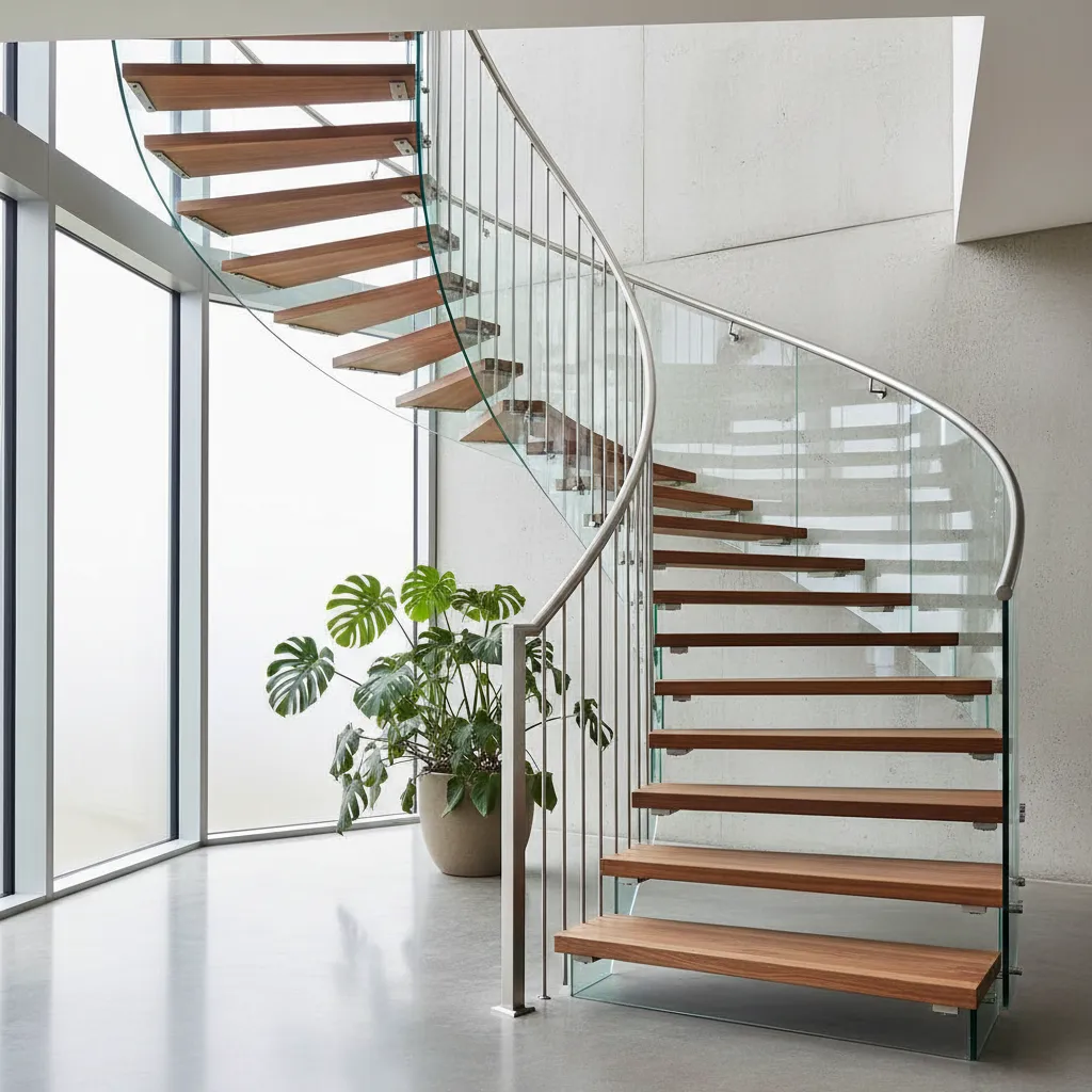 Escalera interior con combinación de madera, vidrio y metal
