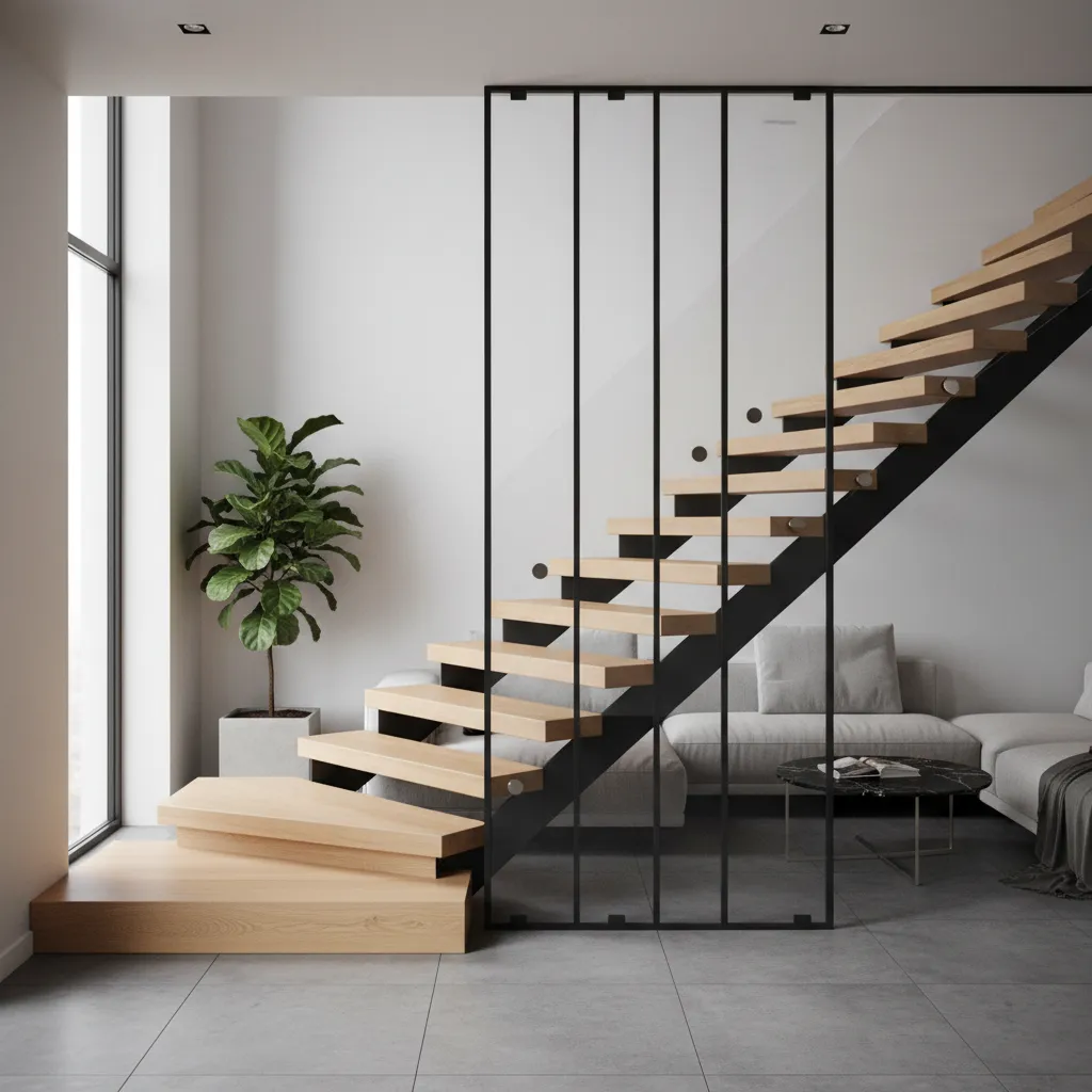 Escalera interior con combinación de madera, metal y vidrio