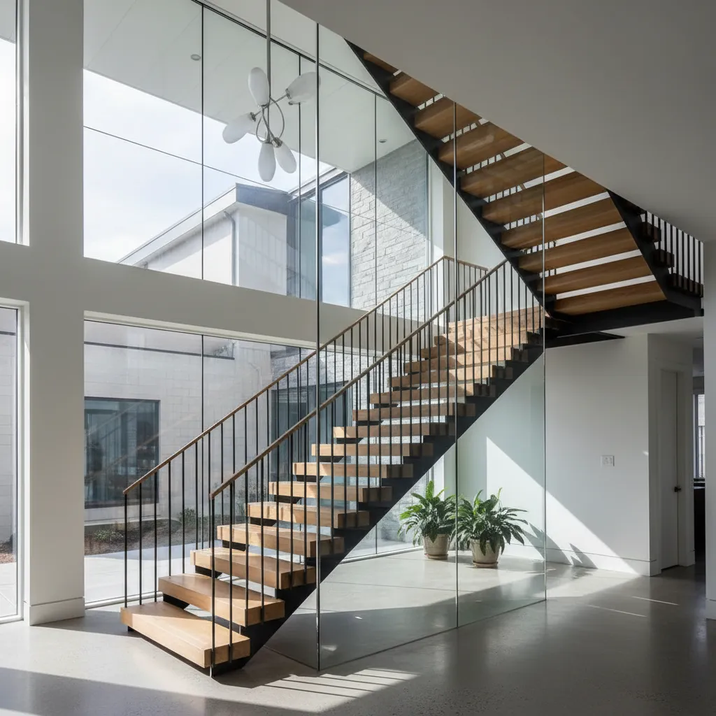 Escalera moderna combinando madera y metal en interior minimalista