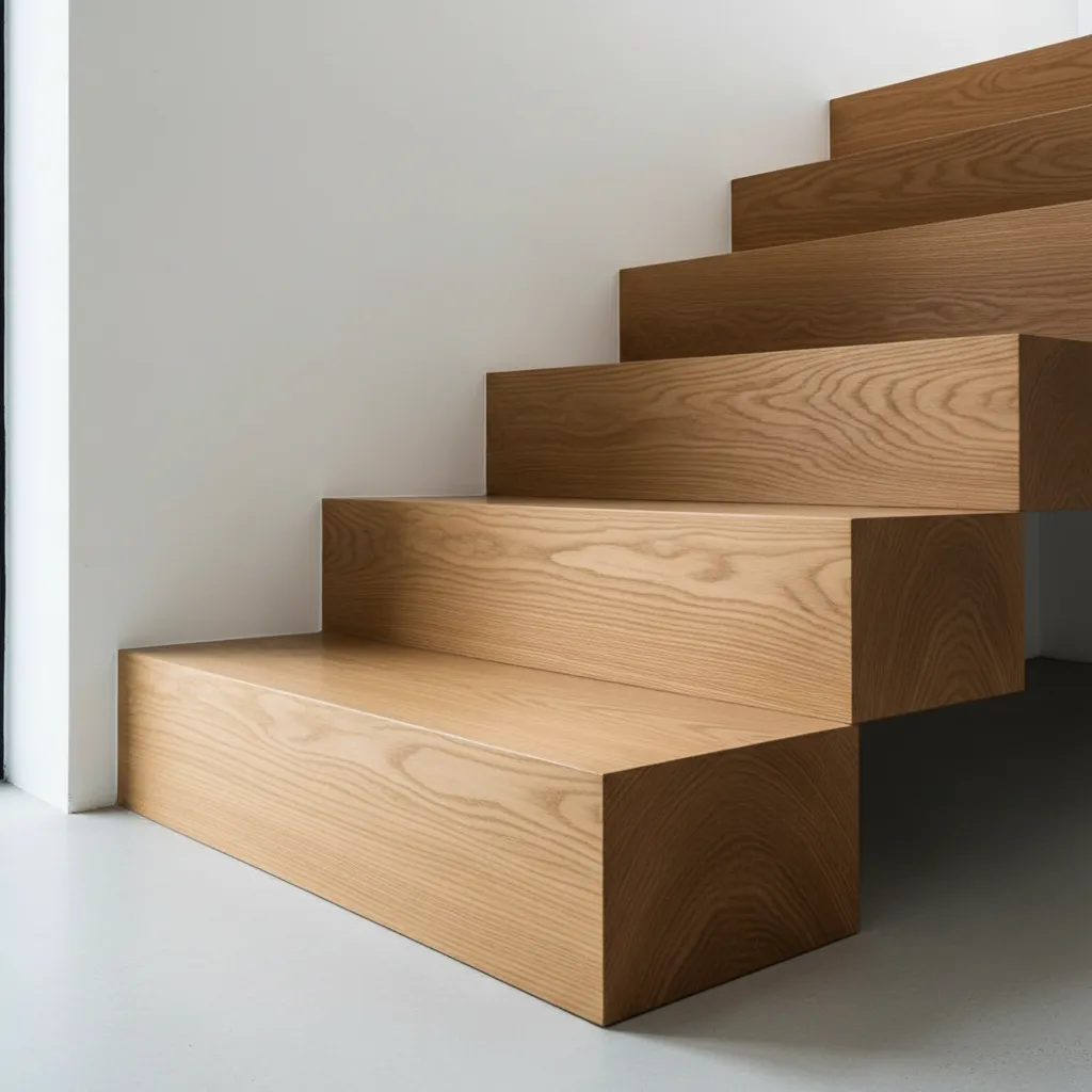 Detalle de peldaños de madera maciza en una escalera interior