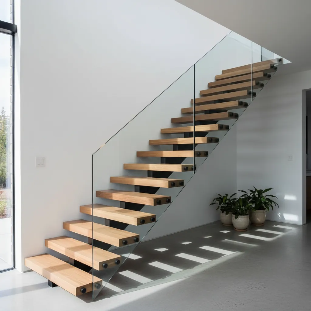 Escalera moderna combinando madera clara, metal y vidrio