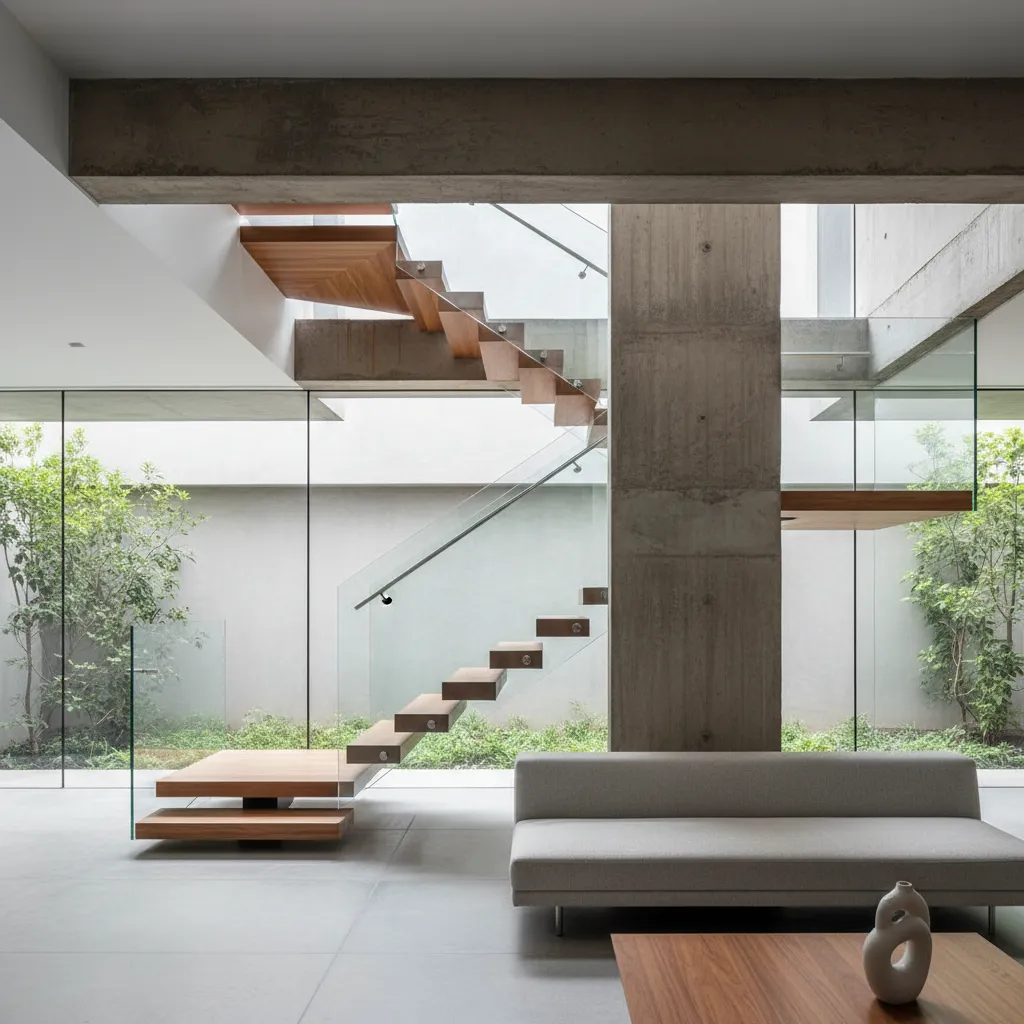 Floating wooden stairs with glass railing in modern living room featuring concrete pillars and sofa