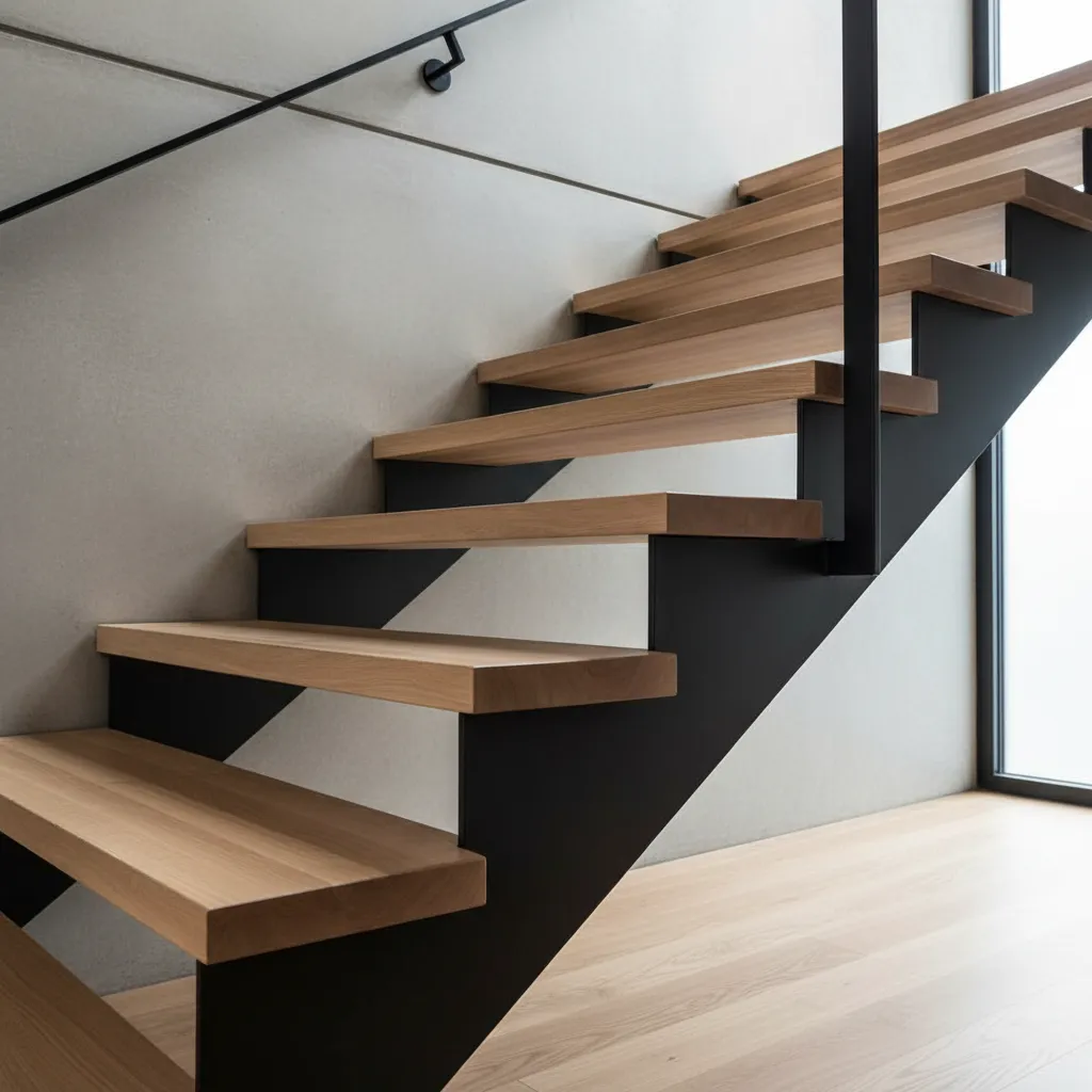 Detalle de materiales en escalera moderna con madera y metal