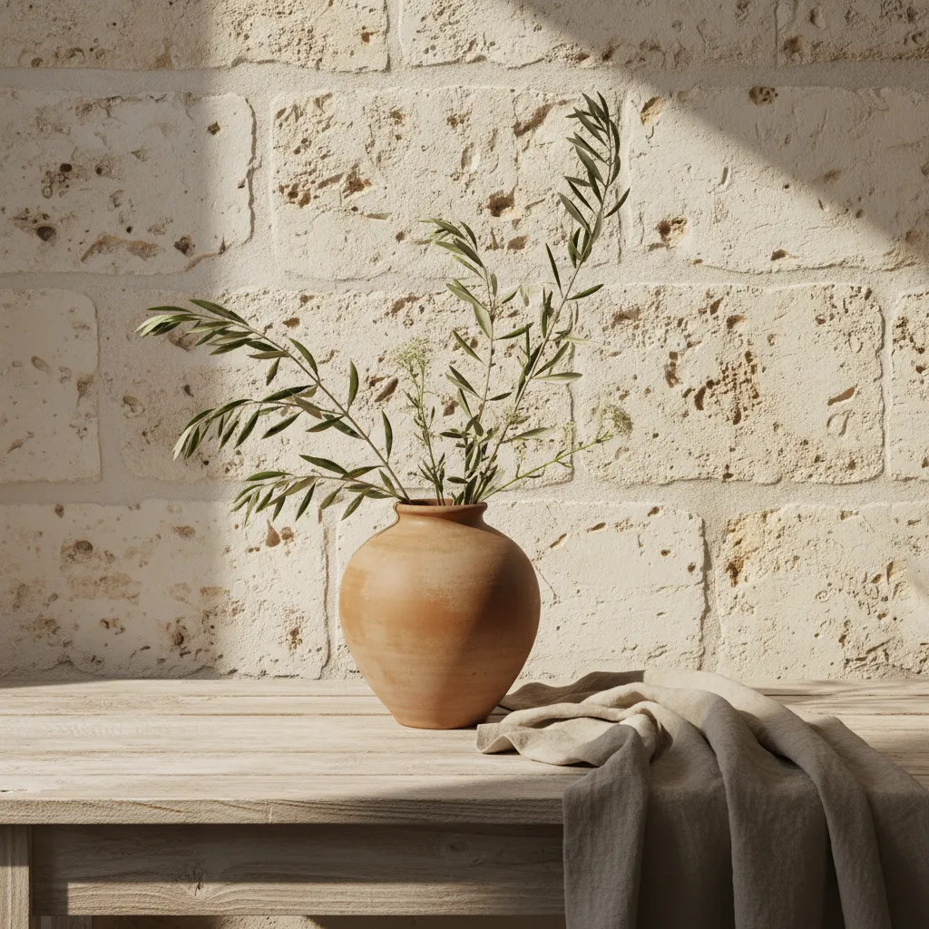 Detalle de materiales naturales usados en interiores griegos como piedra y madera