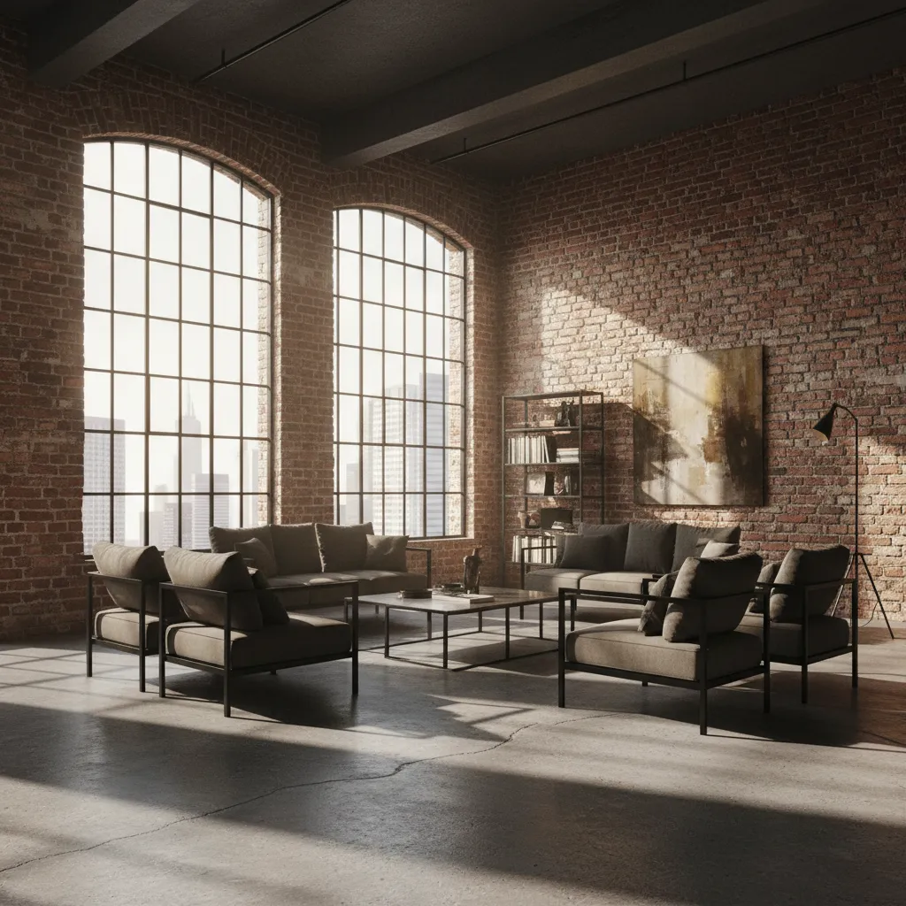Interior estilo industrial con ladrillo y metal