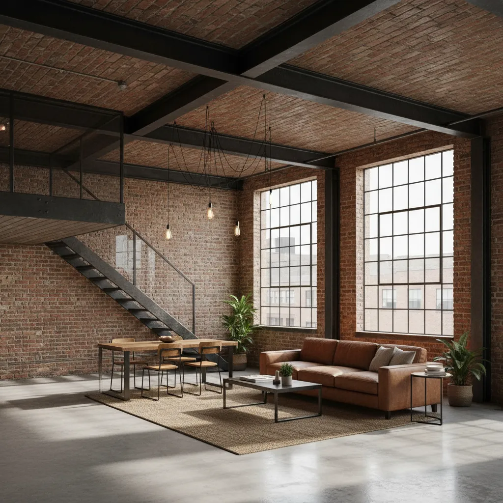 Industrial living room design with red brick walls, leather sofa, wooden dining table, and windows