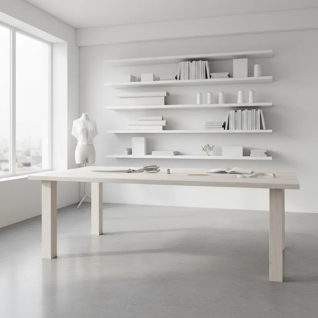 Materiales claros y superficies limpias en un estudio de diseño de modas