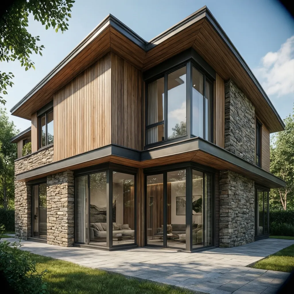 Fachada de casa combinando madera, piedra y vidrio