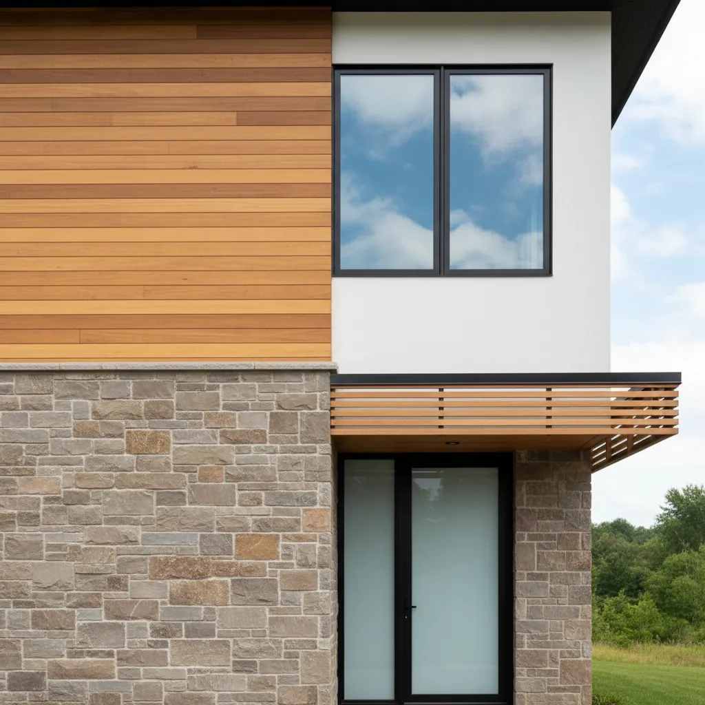 Detalle de materiales de fachada combinando piedra, madera y estuco