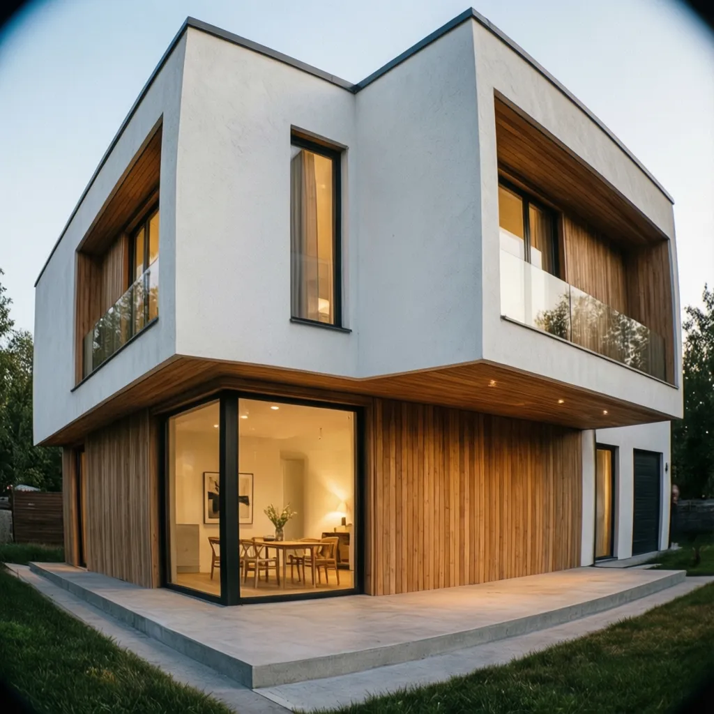 Fachada con combinación de madera y revoco blanco