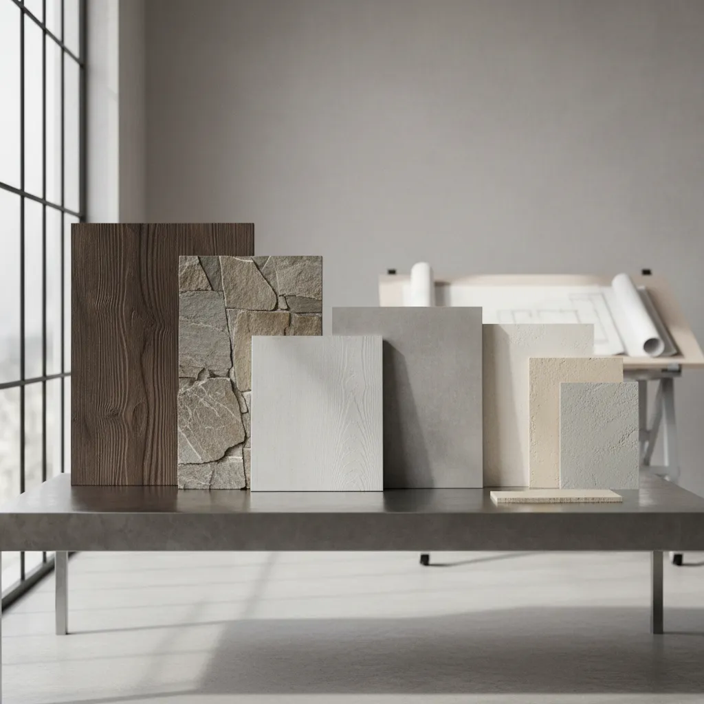 Collection of building material samples including wood stone and wall panels displayed on a table