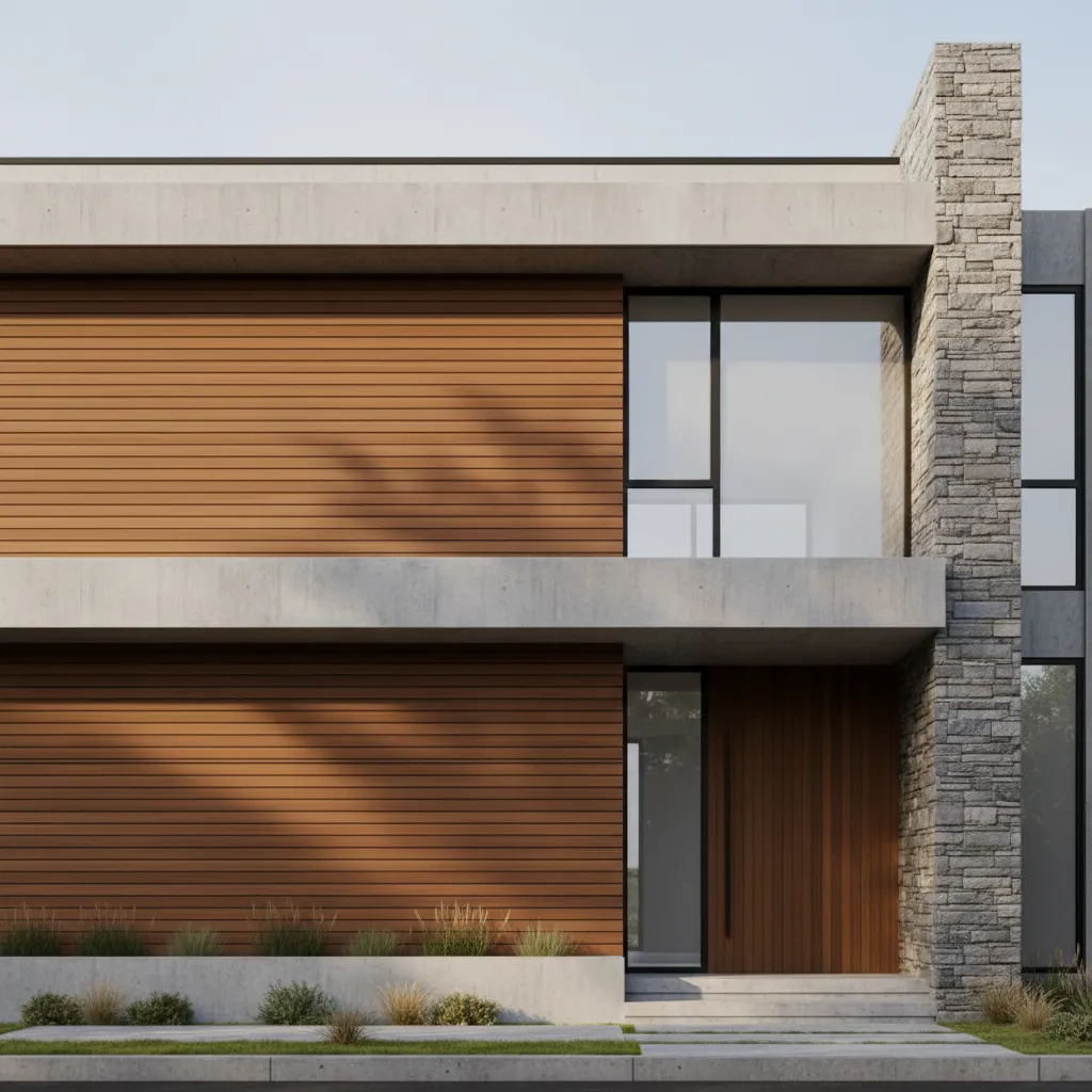 Fachada de casa con combinación de madera, piedra y hormigón