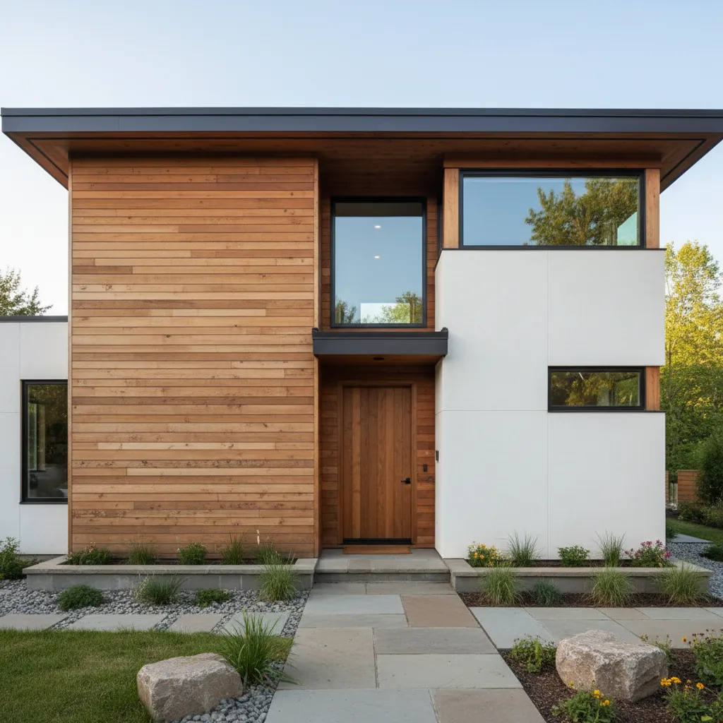 Modern two story house with wood wall panels white walls black windows and stone path