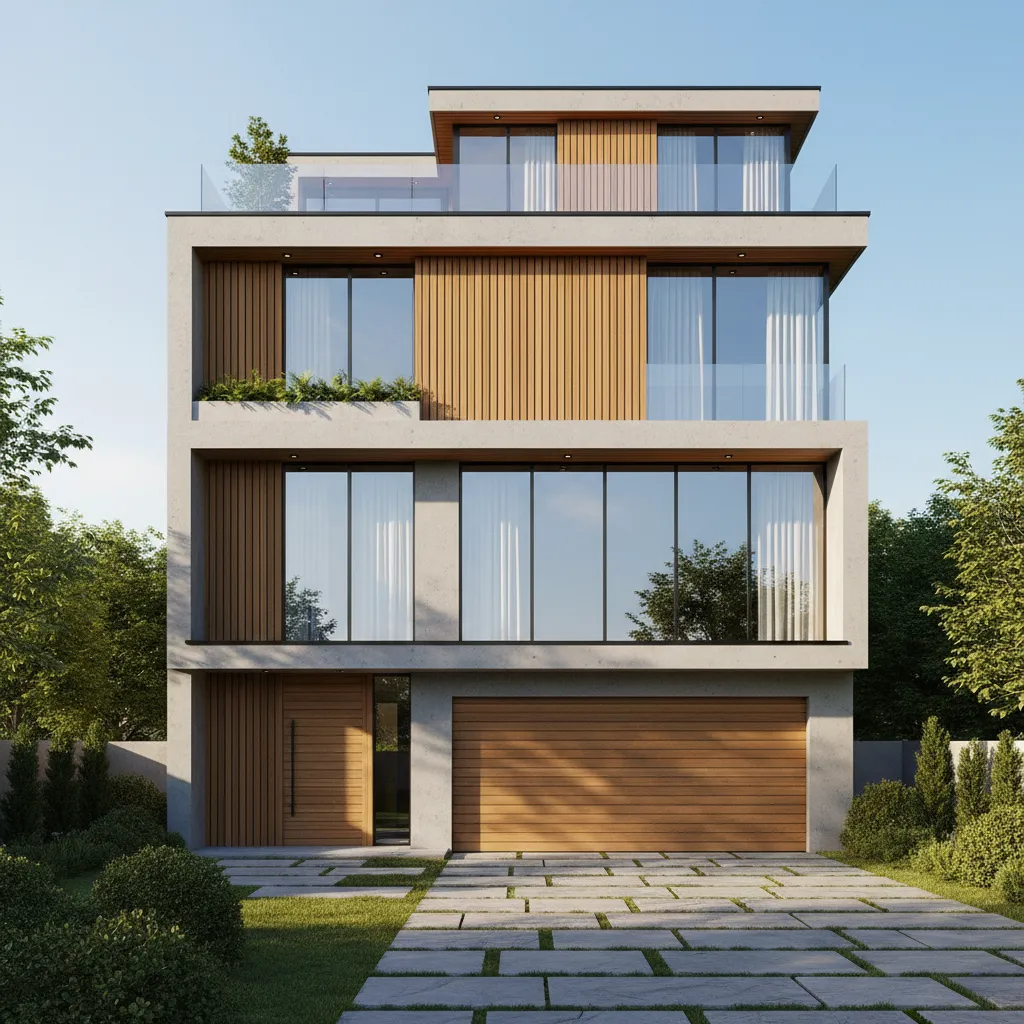 Fachada contemporánea combinando madera, hormigón y vidrio