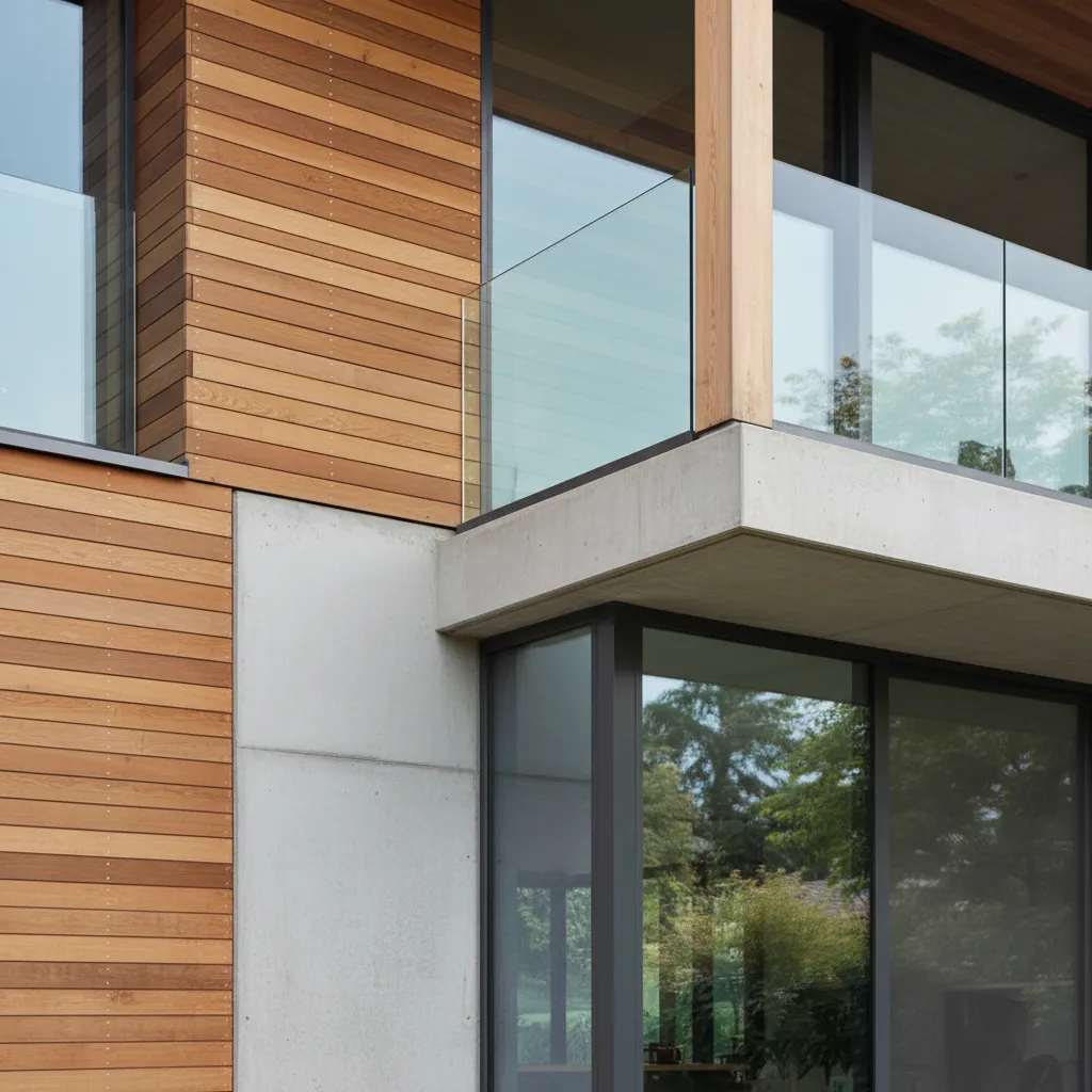 Detalle de fachada con combinación de madera, concreto y vidrio
