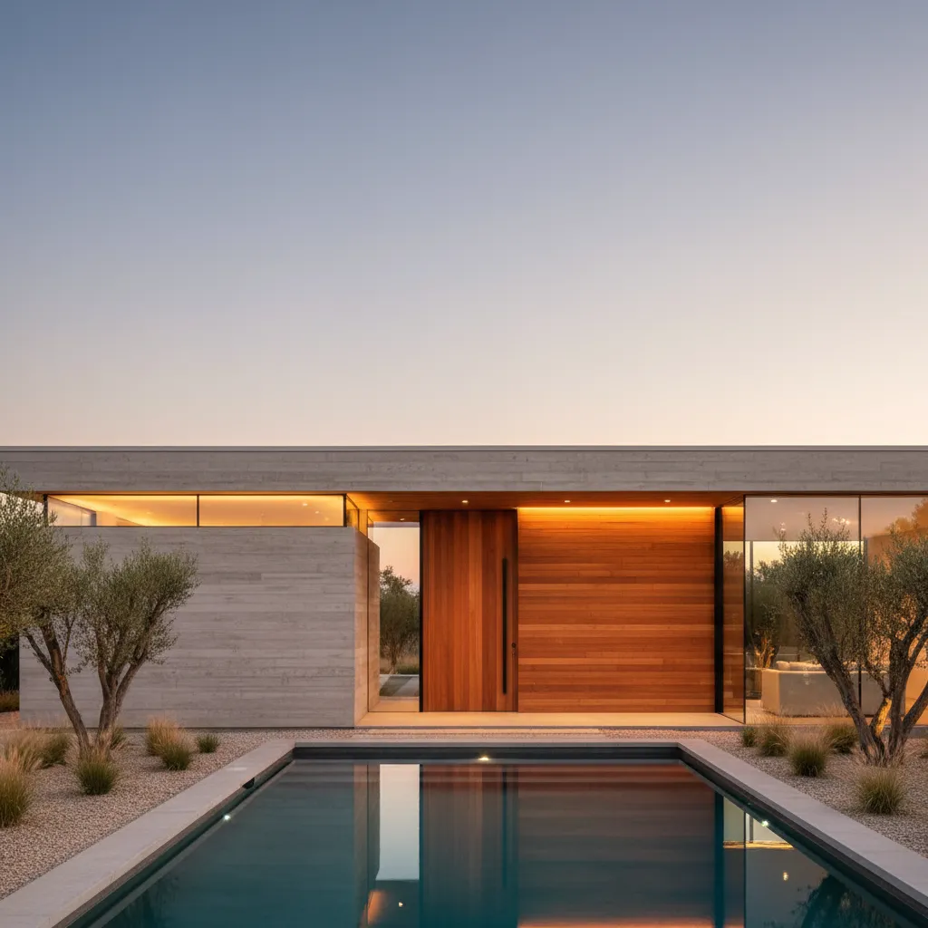 Combinación de madera, hormigón y vidrio en fachada moderna